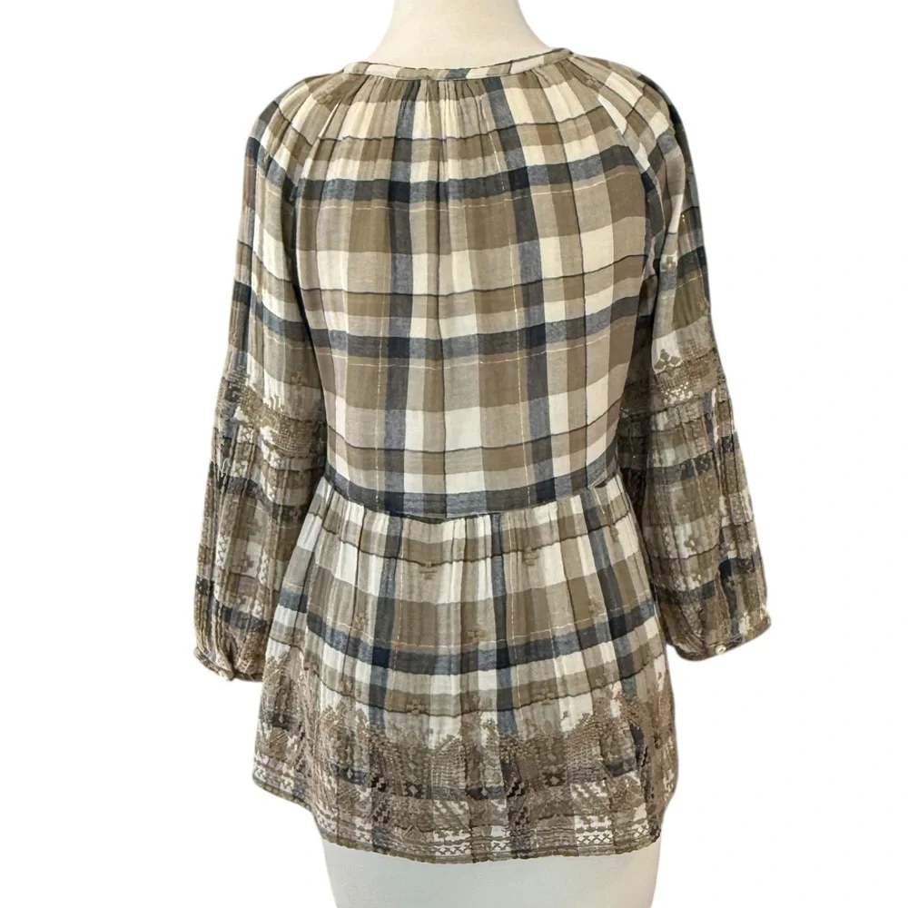 Johnny Was 3J Workshop Embroidered Plaid Tunic Blouse Boho Neutral Small